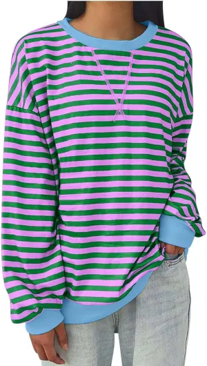 Women's Oversized Sweatshirts 2024 Fall y2k Clothes Casual Striped Pullover Tops Long Sleeve Crewneck Shirts