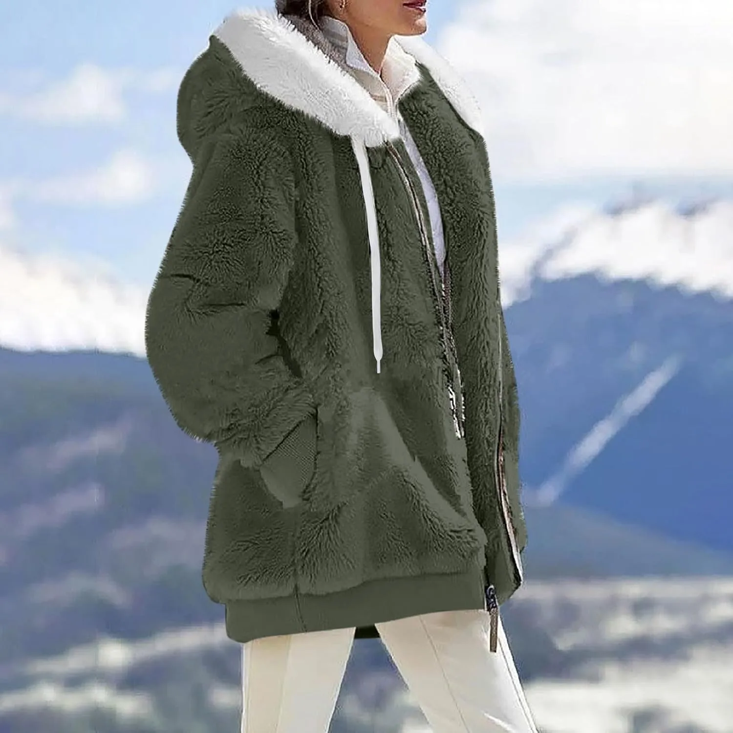 Womens Oversized Zip Up Coat Fuzzy Fleece Sherpa Jacket with Pockets Hoodie Outerwear Fall and Winter