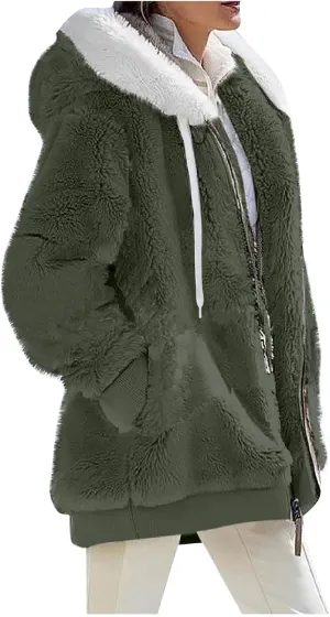 Womens Oversized Zip Up Coat Fuzzy Fleece Sherpa Jacket with Pockets Hoodie Outerwear Fall and Winter