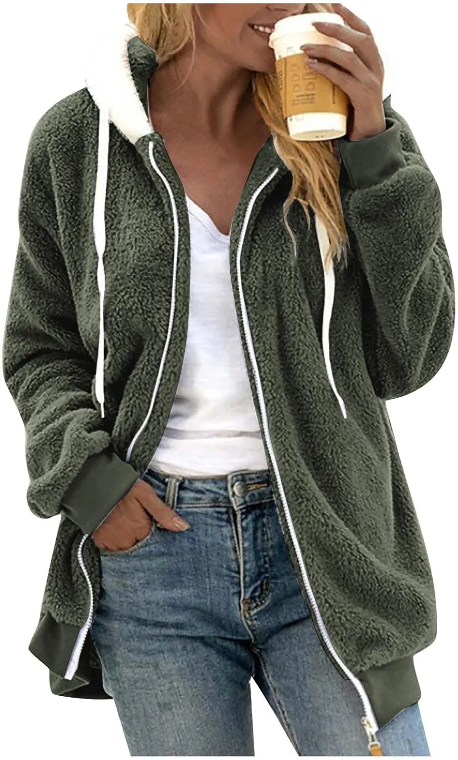 Womens Oversized Zip Up Coat Fuzzy Fleece Sherpa Jacket with Pockets Hoodie Outerwear Fall and Winter
