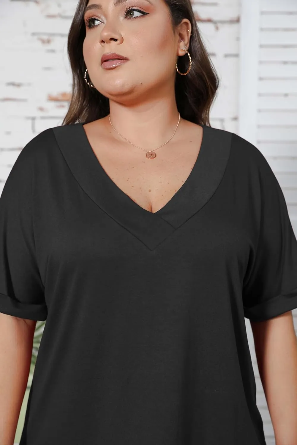 Women's Plus Size Casual V Neck T-Shirt Loose Fit Short Sleeve Blouse Curvy Tunic Top Fashion Clothing