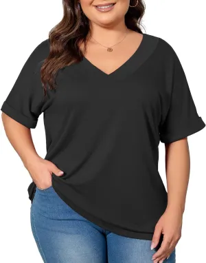 Women's Plus Size Casual V Neck T-Shirt Loose Fit Short Sleeve Blouse Curvy Tunic Top Fashion Clothing