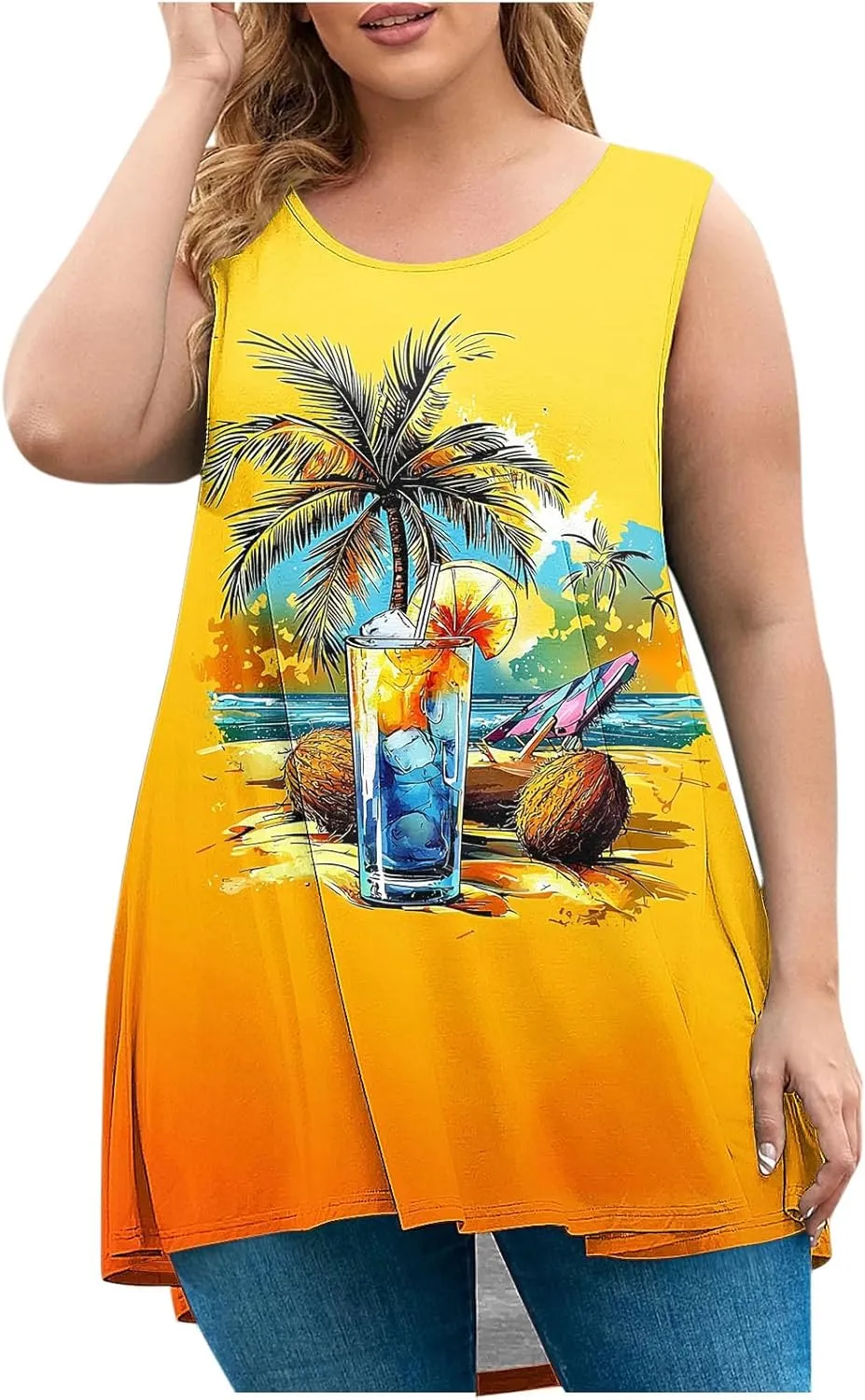 Womens Plus Size Tunic Tops Loose Fit Tank Top Summer Casual Scoop Neck Trendy Sleeveless Shirts Fashion Flowy Blouse