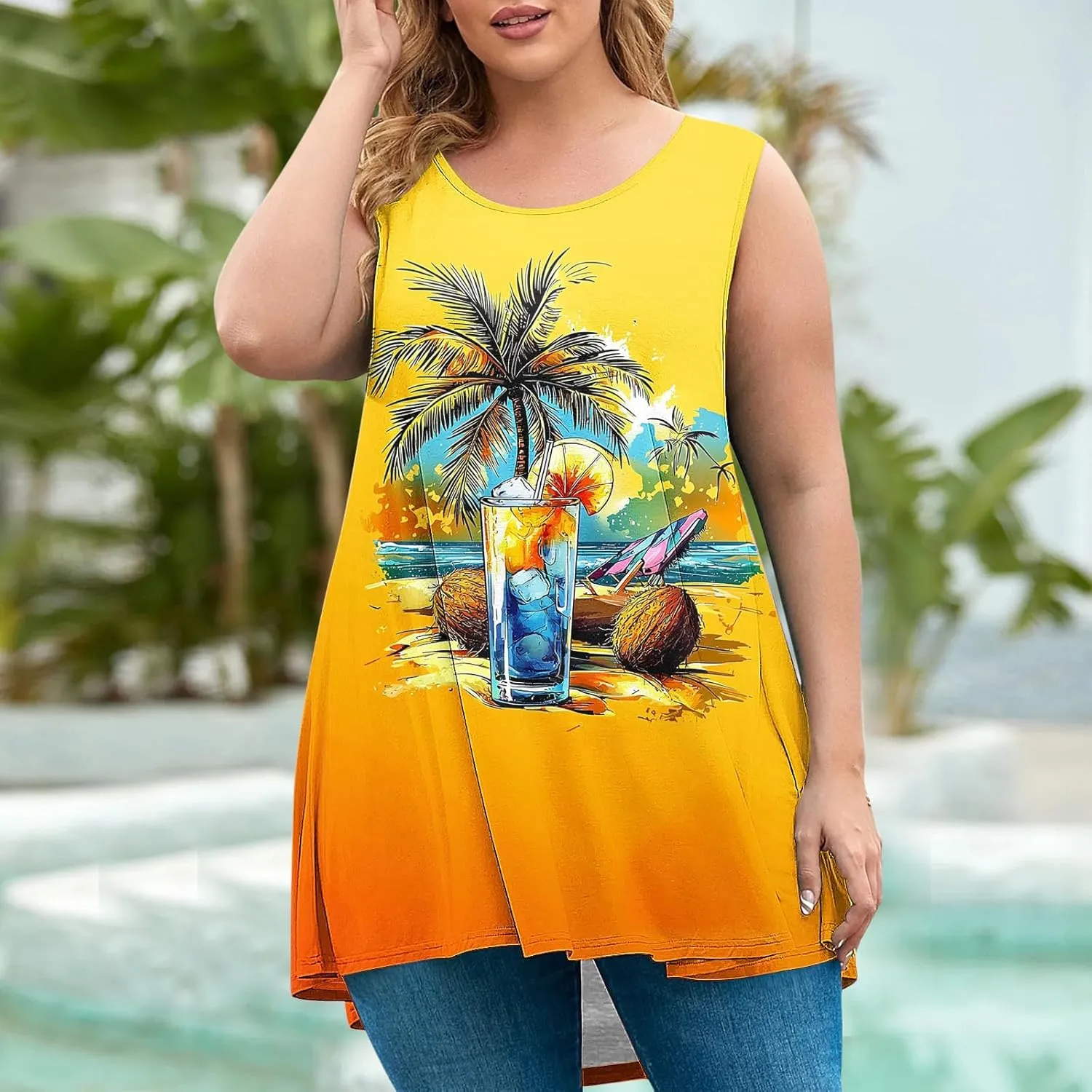 Womens Plus Size Tunic Tops Loose Fit Tank Top Summer Casual Scoop Neck Trendy Sleeveless Shirts Fashion Flowy Blouse