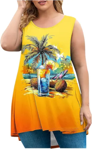 Womens Plus Size Tunic Tops Loose Fit Tank Top Summer Casual Scoop Neck Trendy Sleeveless Shirts Fashion Flowy Blouse
