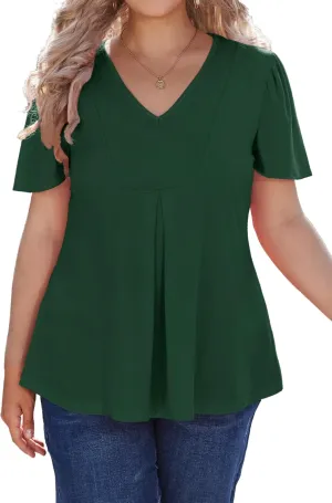 Women's Plus Size Tunic Tops Summer Short Sleeve V Neck Ruffle Blouse Pleated Casual Flowy Swing T Shirt