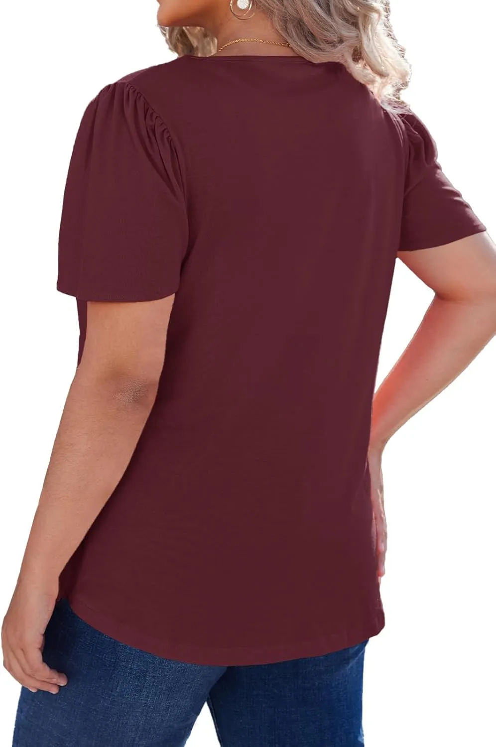 Women's Plus Size Tunic Tops Summer Short Sleeve V Neck Ruffle Blouse Pleated Casual Flowy Swing T Shirt