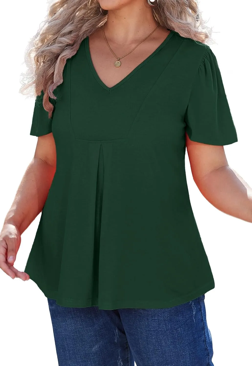 Women's Plus Size Tunic Tops Summer Short Sleeve V Neck Ruffle Blouse Pleated Casual Flowy Swing T Shirt