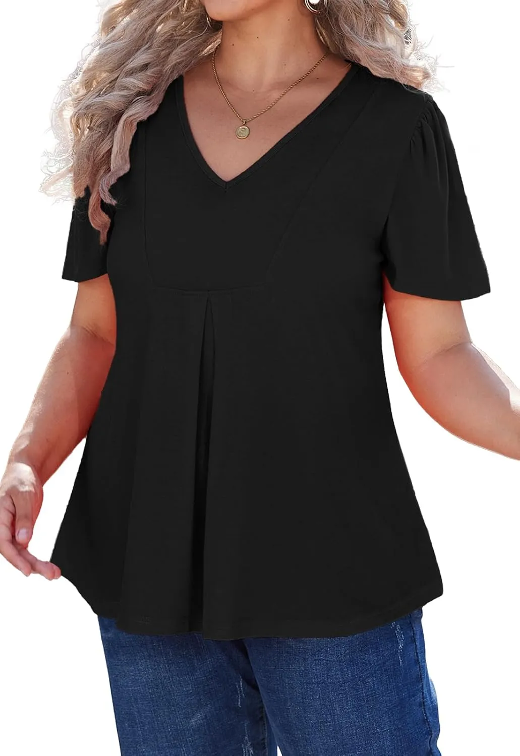 Women's Plus Size Tunic Tops Summer Short Sleeve V Neck Ruffle Blouse Pleated Casual Flowy Swing T Shirt