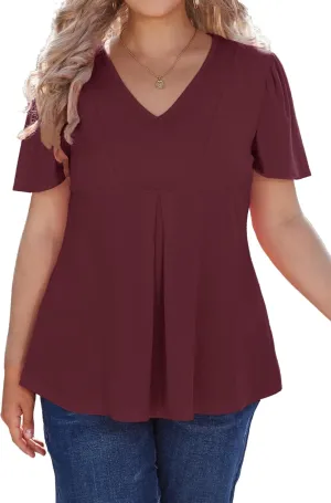 Women's Plus Size Tunic Tops Summer Short Sleeve V Neck Ruffle Blouse Pleated Casual Flowy Swing T Shirt