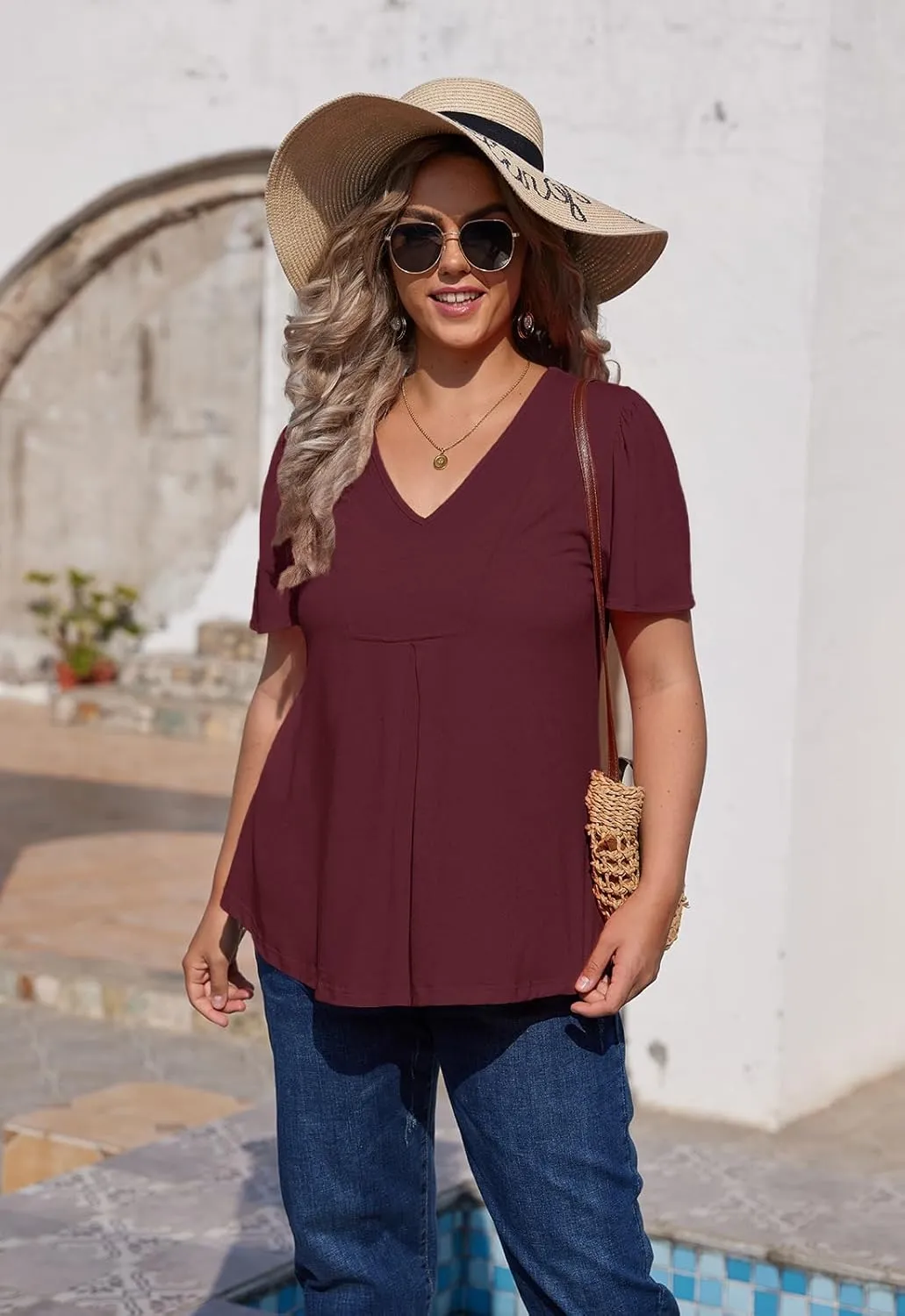 Women's Plus Size Tunic Tops Summer Short Sleeve V Neck Ruffle Blouse Pleated Casual Flowy Swing T Shirt