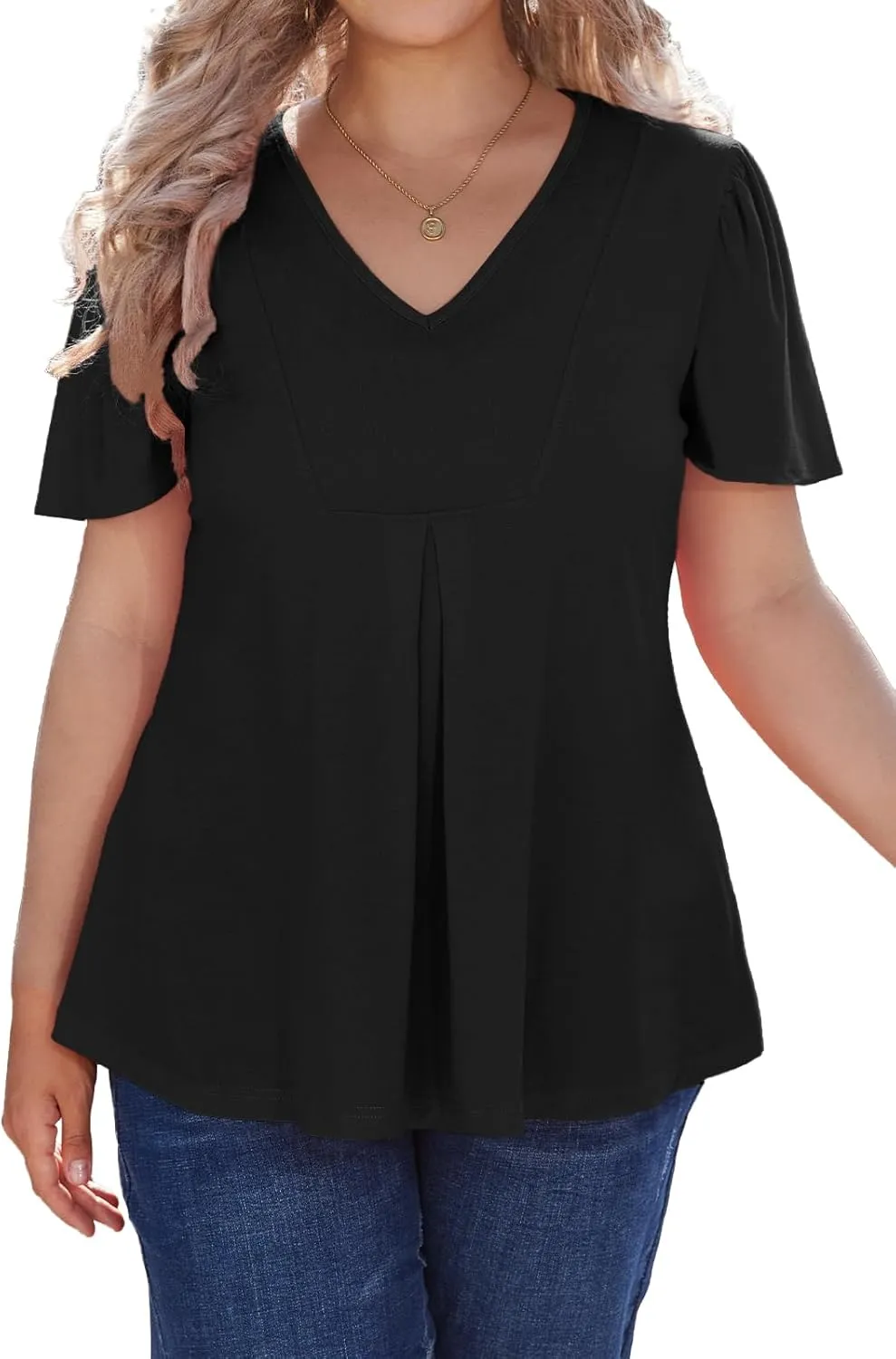 Women's Plus Size Tunic Tops Summer Short Sleeve V Neck Ruffle Blouse Pleated Casual Flowy Swing T Shirt