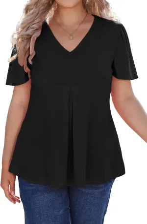 Women's Plus Size Tunic Tops Summer Short Sleeve V Neck Ruffle Blouse Pleated Casual Flowy Swing T Shirt