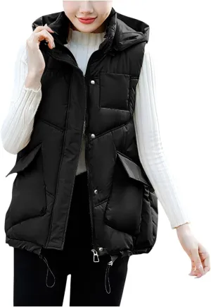 Women's Puffer Hooded Vest Coat Quilted Lightweight Padded Cotton Down Gilet Jacket Zip Up Warm Outerwear with Pockets