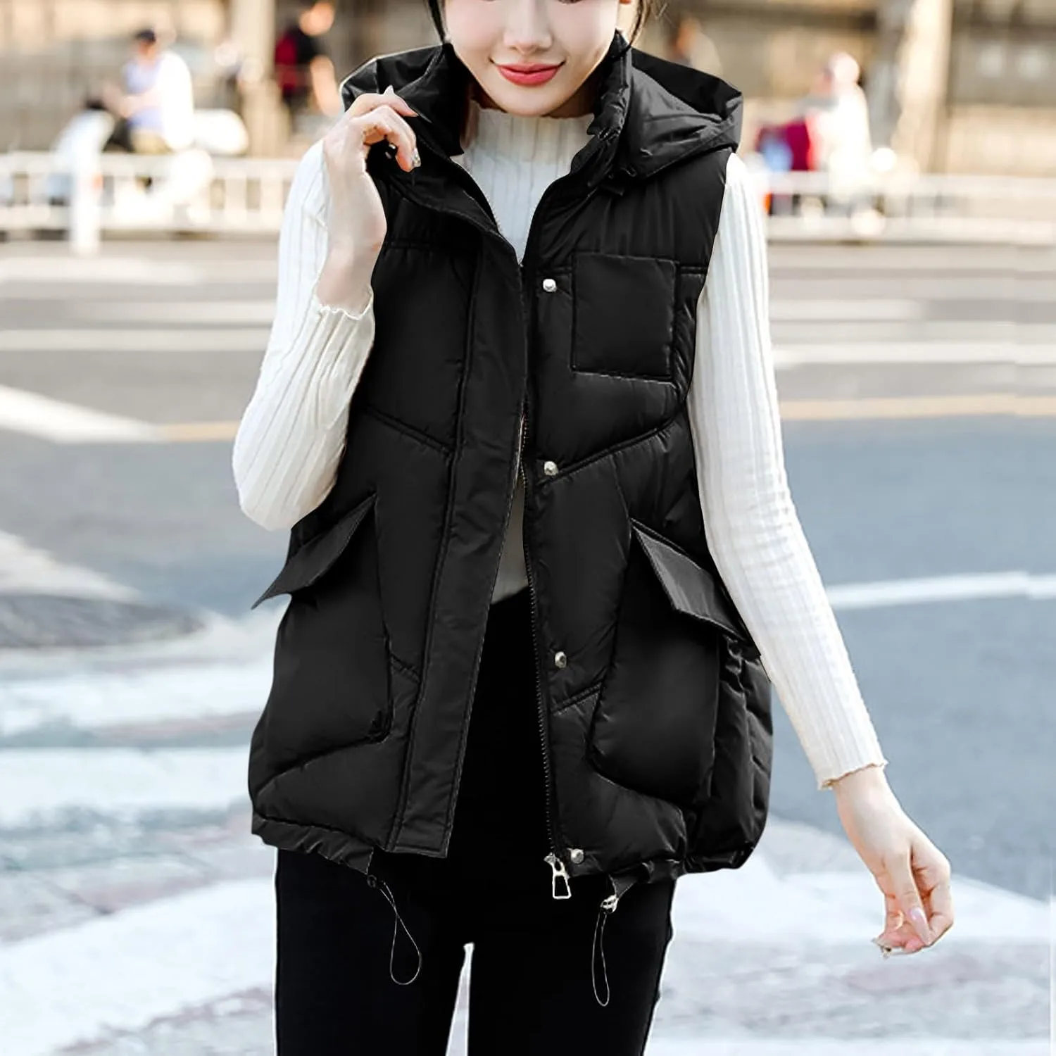 Women's Puffer Hooded Vest Coat Quilted Lightweight Padded Cotton Down Gilet Jacket Zip Up Warm Outerwear with Pockets