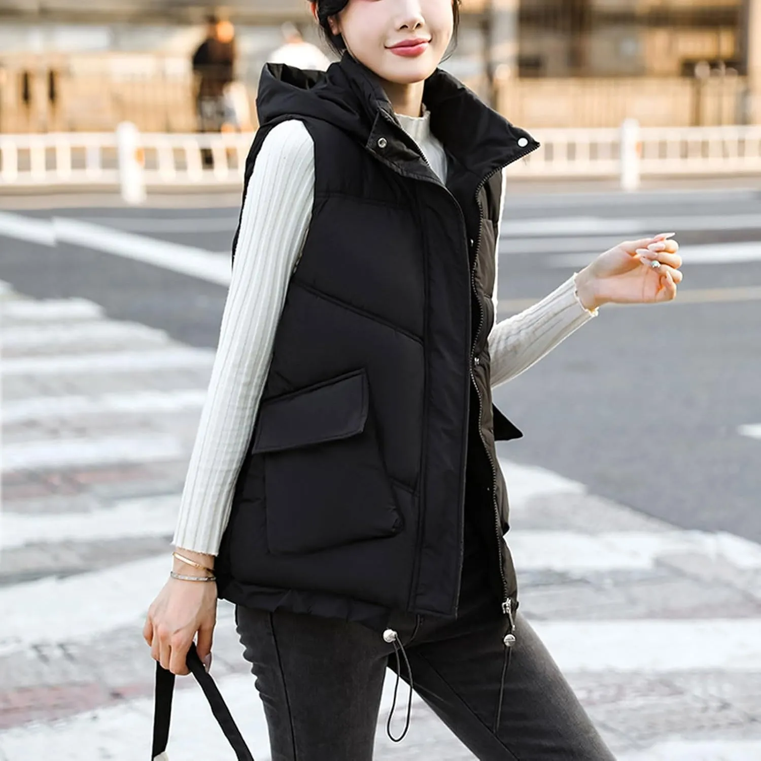 Women's Puffer Hooded Vest Coat Quilted Lightweight Padded Cotton Down Gilet Jacket Zip Up Warm Outerwear with Pockets