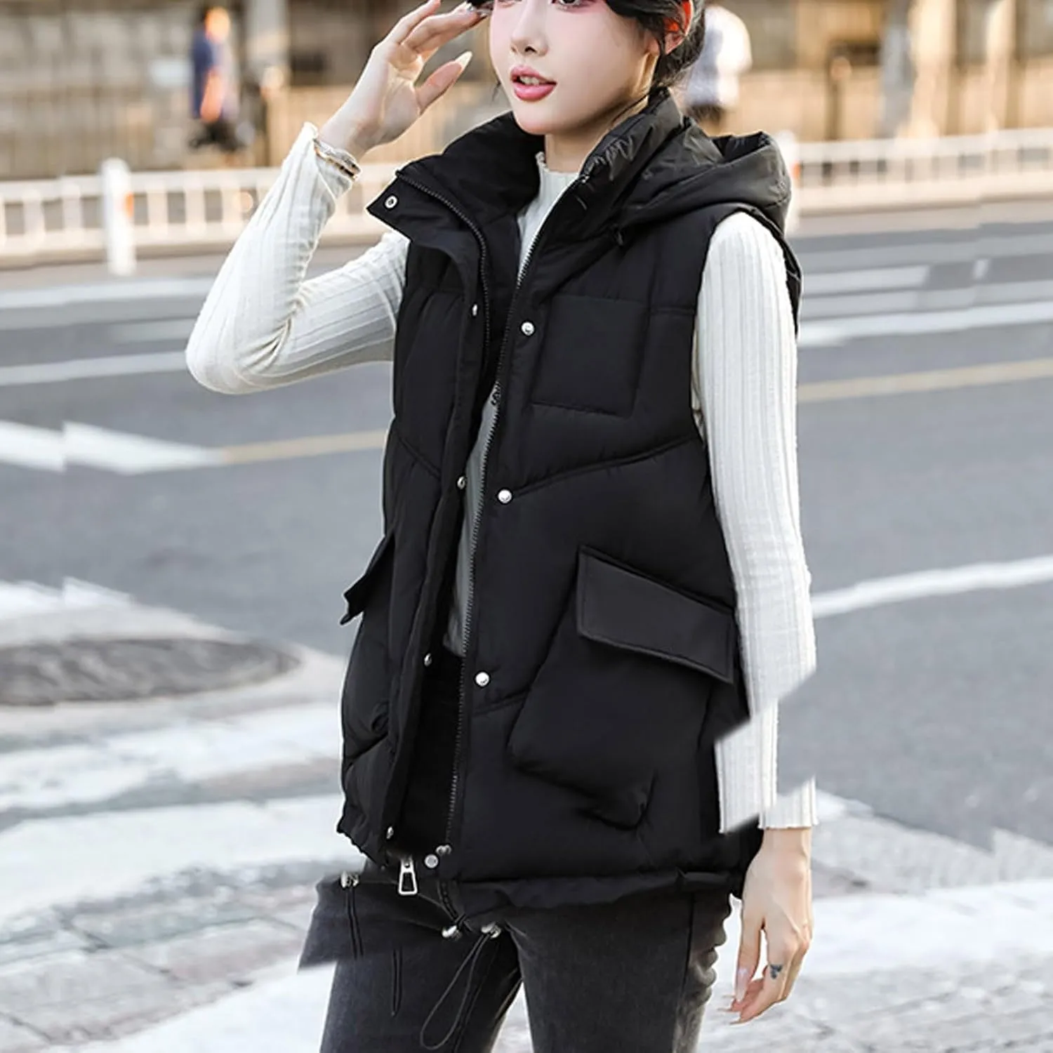 Women's Puffer Hooded Vest Coat Quilted Lightweight Padded Cotton Down Gilet Jacket Zip Up Warm Outerwear with Pockets