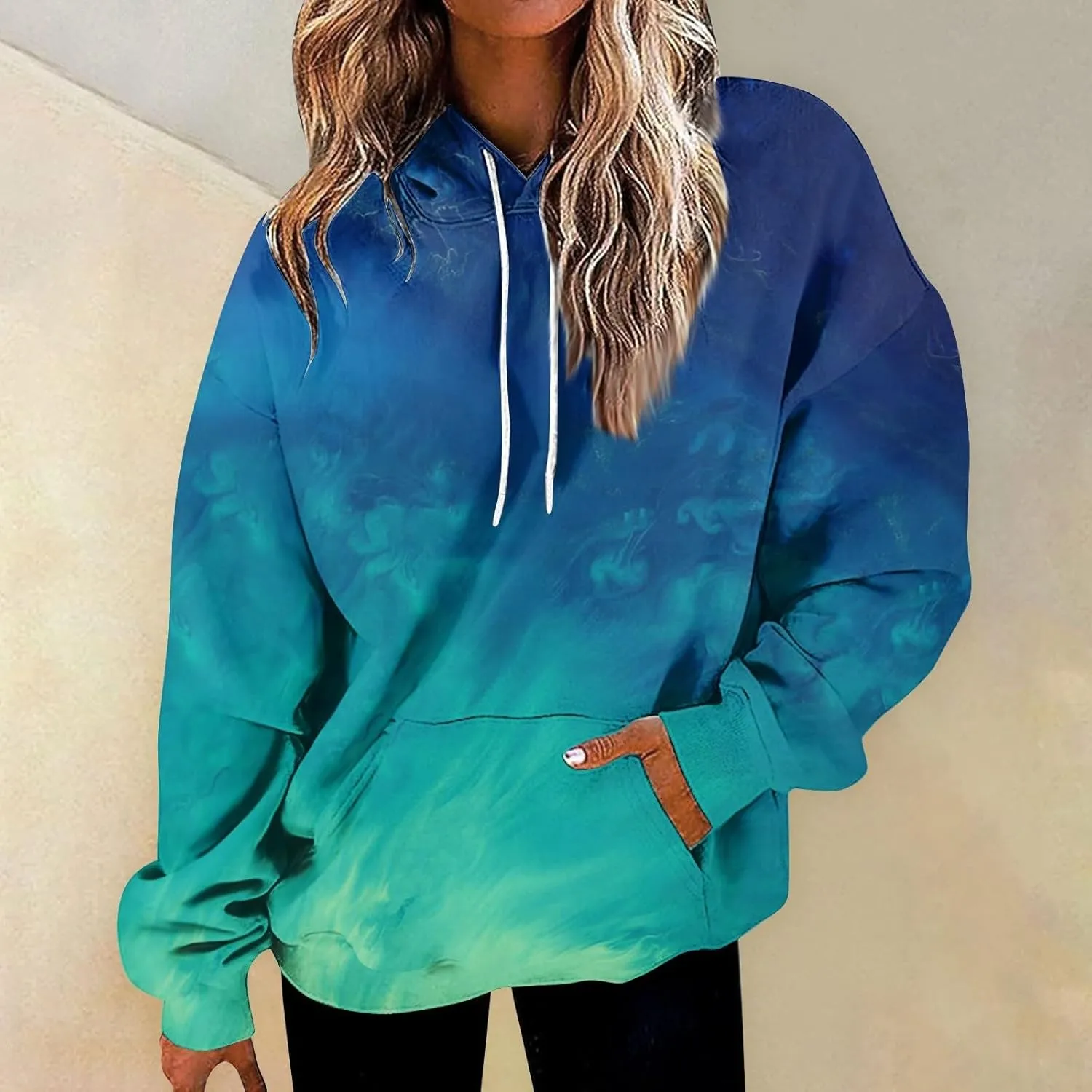 Women's Pullover Sweaters Long Sleeve Printed Sweatshirt Graphic Drawstring Top Hoodie Fall Outfits with Pocket