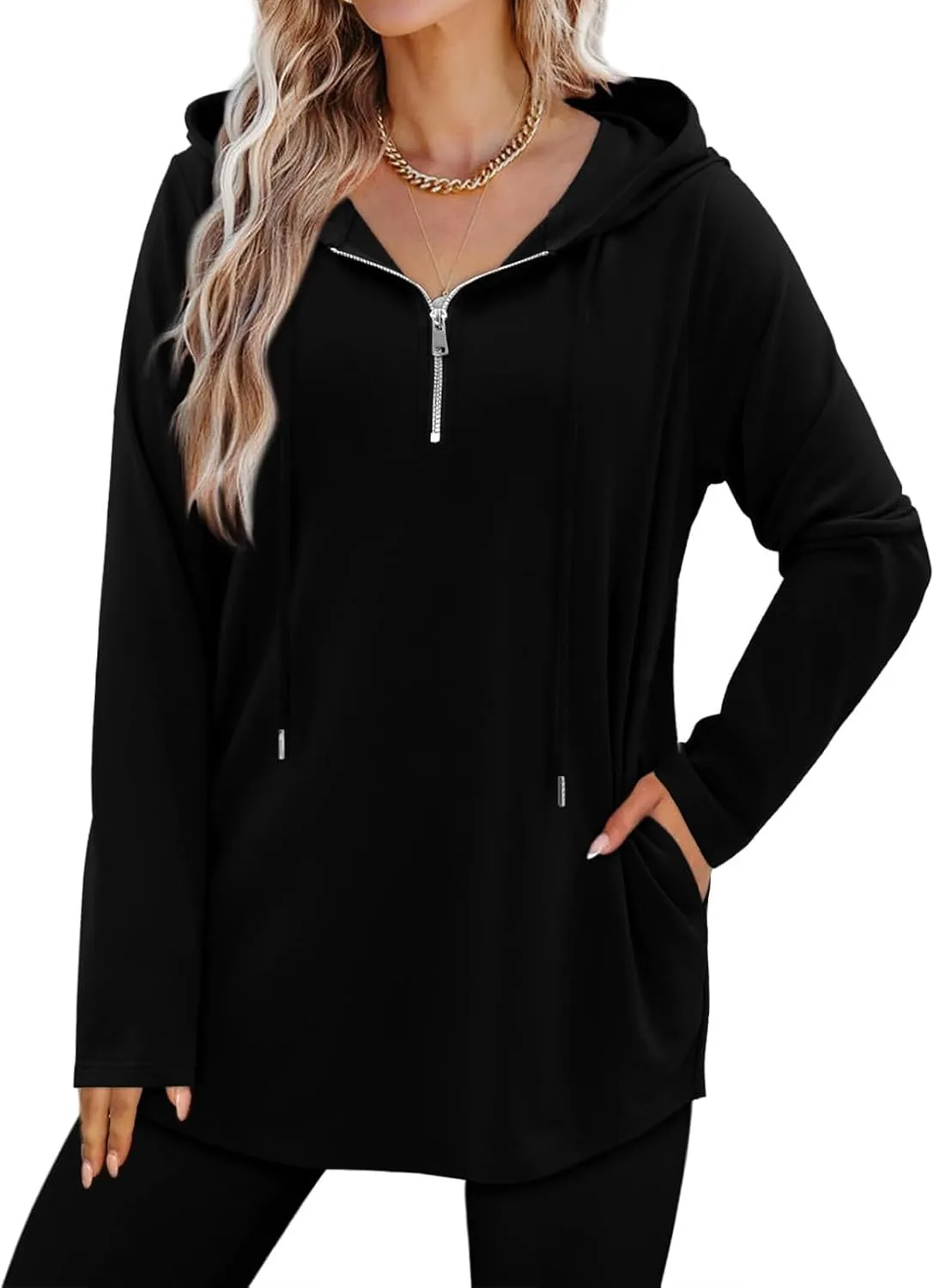 Women's Quarter Zip Tunic Hoodies Pullover Long Hooded Sweatshirts Long Sleeve Tops