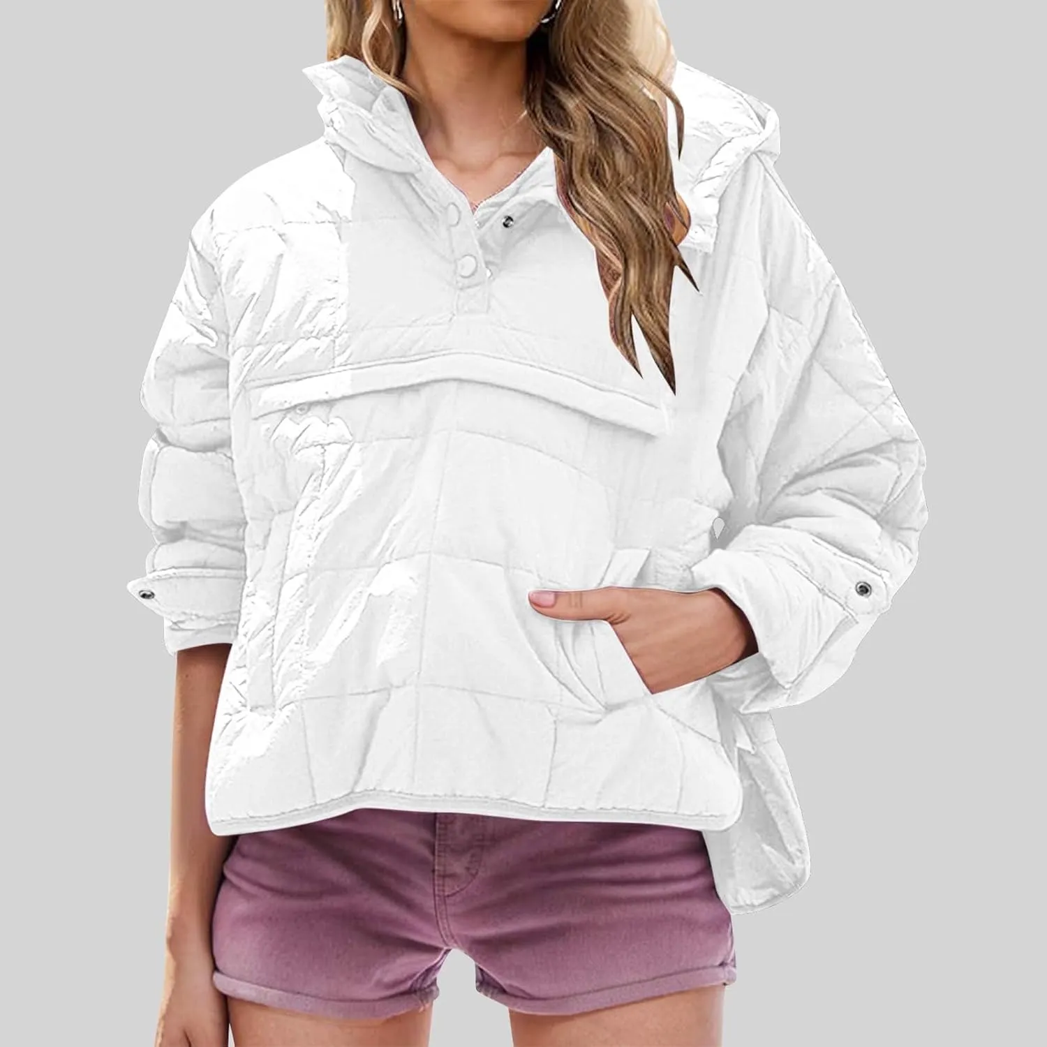 Women's Quilted Warm Puffer Jacket Winter Packable Pullover Down Coat Oversized Hoodie Lightweight Long Sleeve Outwear