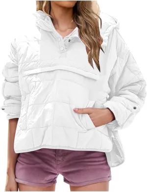 Women's Quilted Warm Puffer Jacket Winter Packable Pullover Down Coat Oversized Hoodie Lightweight Long Sleeve Outwear