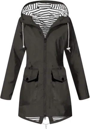 Womens Rain Jacket with Hood Waterproof Windbreaker Jacket Lightweight Long Raincoat Outdoor Trench Coat with Pockets
