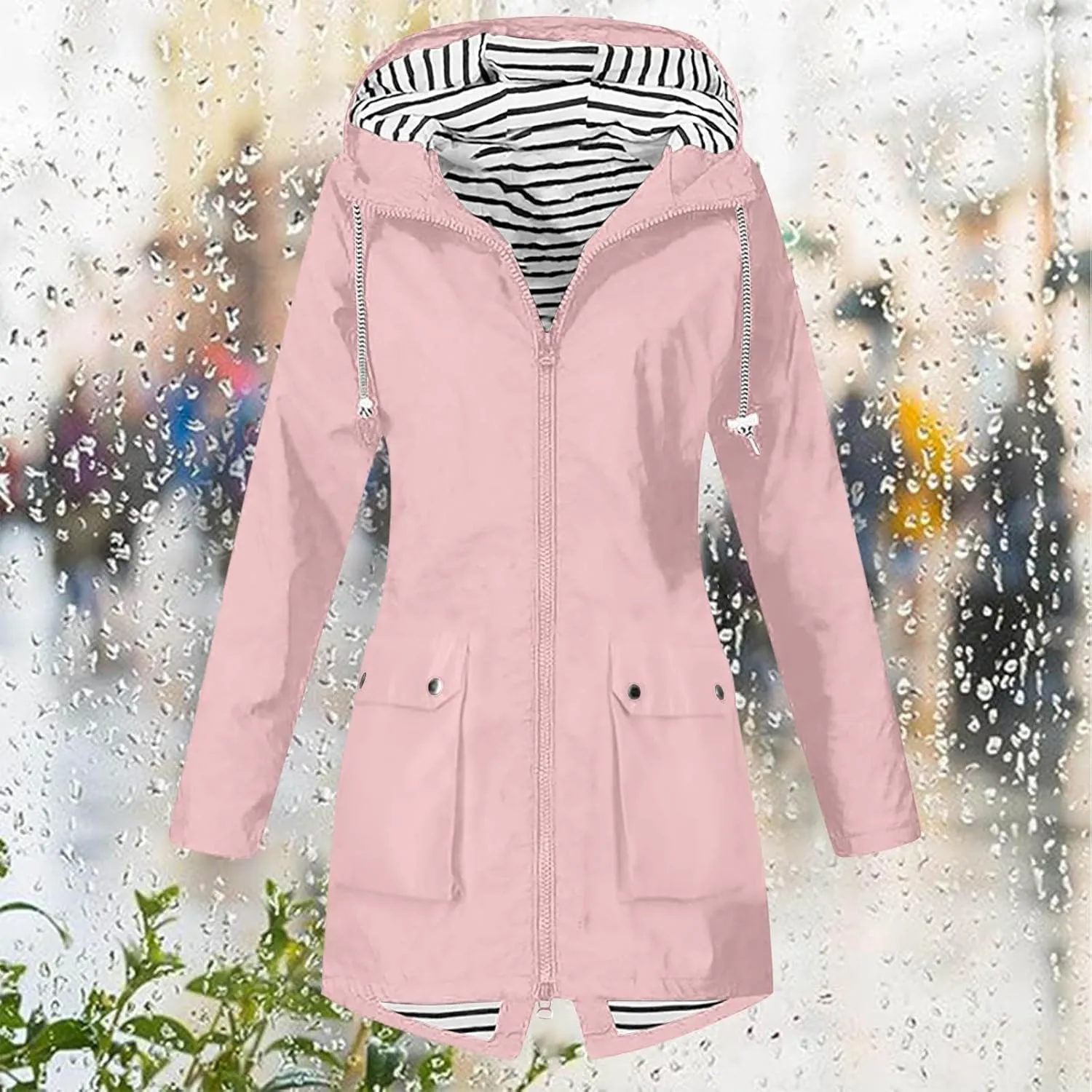 Womens Rain Jacket with Hood Waterproof Windbreaker Jacket Lightweight Long Raincoat Outdoor Trench Coat with Pockets