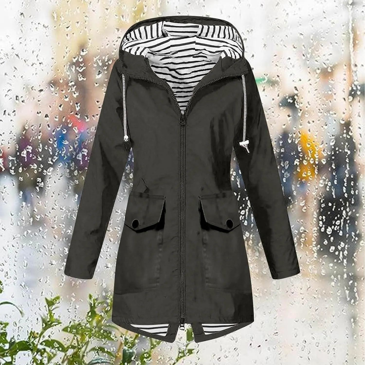 Womens Rain Jacket with Hood Waterproof Windbreaker Jacket Lightweight Long Raincoat Outdoor Trench Coat with Pockets