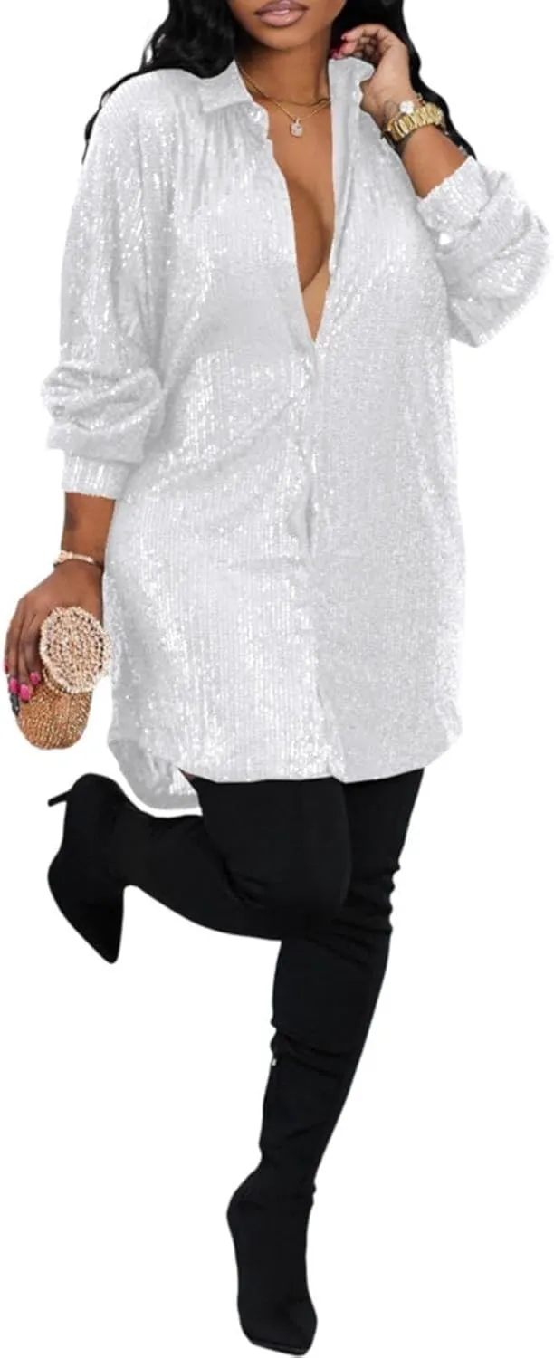 Womens Sequin Button Down Dress Shirt Long Sleeve Loose Fit Blouse Tops Mini Dress Casual Party Sexy Clubwear Dresses