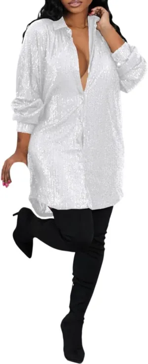 Womens Sequin Button Down Dress Shirt Long Sleeve Loose Fit Blouse Tops Mini Dress Casual Party Sexy Clubwear Dresses