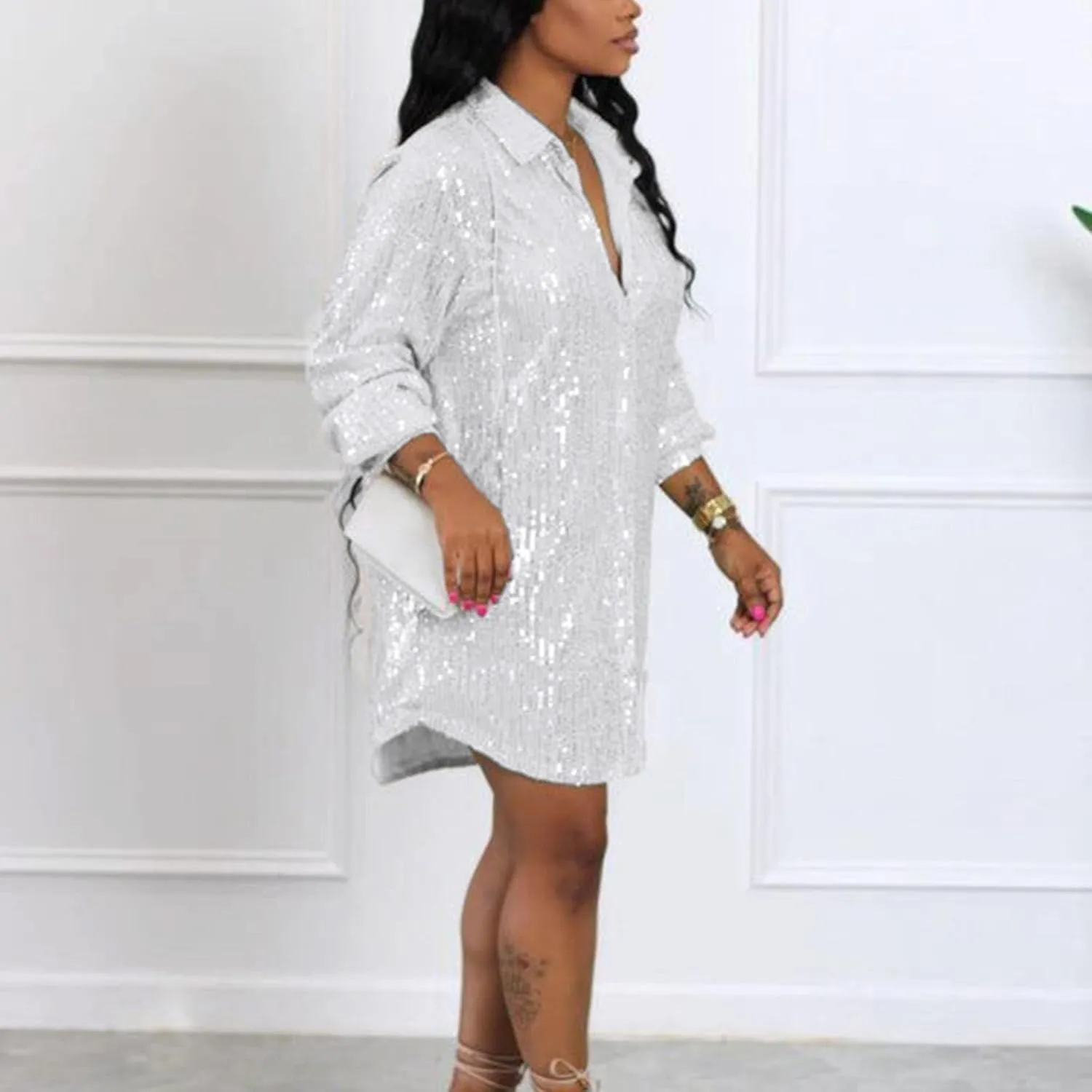 Womens Sequin Button Down Dress Shirt Long Sleeve Loose Fit Blouse Tops Mini Dress Casual Party Sexy Clubwear Dresses