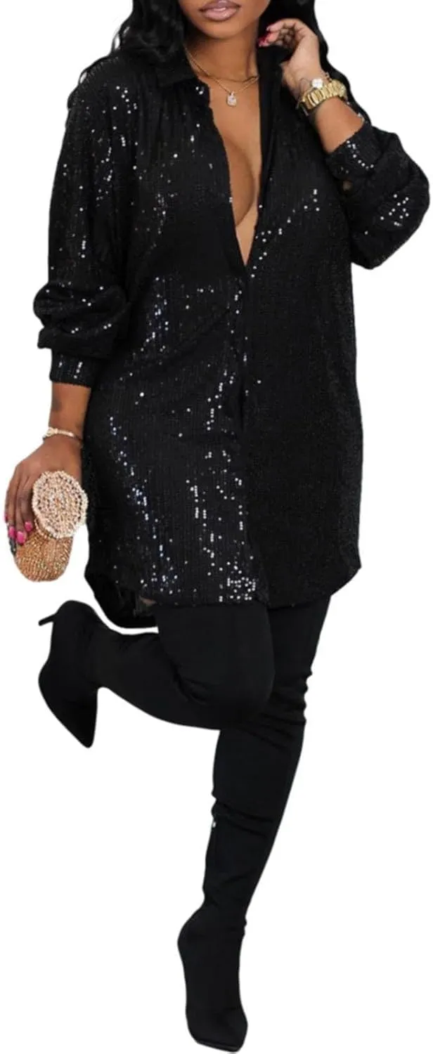 Womens Sequin Button Down Dress Shirt Long Sleeve Loose Fit Blouse Tops Mini Dress Casual Party Sexy Clubwear Dresses