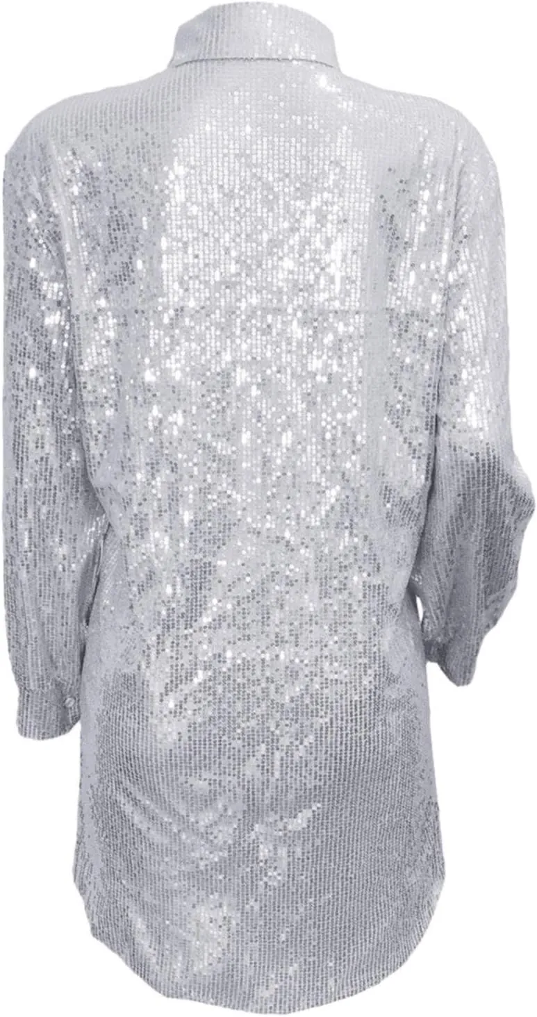 Womens Sequin Button Down Dress Shirt Long Sleeve Loose Fit Blouse Tops Mini Dress Casual Party Sexy Clubwear Dresses