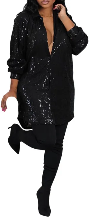 Womens Sequin Button Down Dress Shirt Long Sleeve Loose Fit Blouse Tops Mini Dress Casual Party Sexy Clubwear Dresses