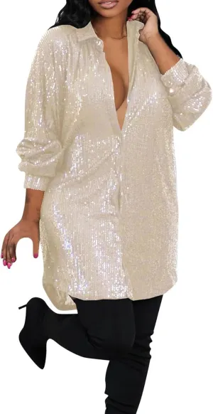 Womens Sequins Mini Dress Sparkly Button Down Blouse Tunic Shirts Plus Size Sexy V Neck Long Sleeve Shirt Dresses