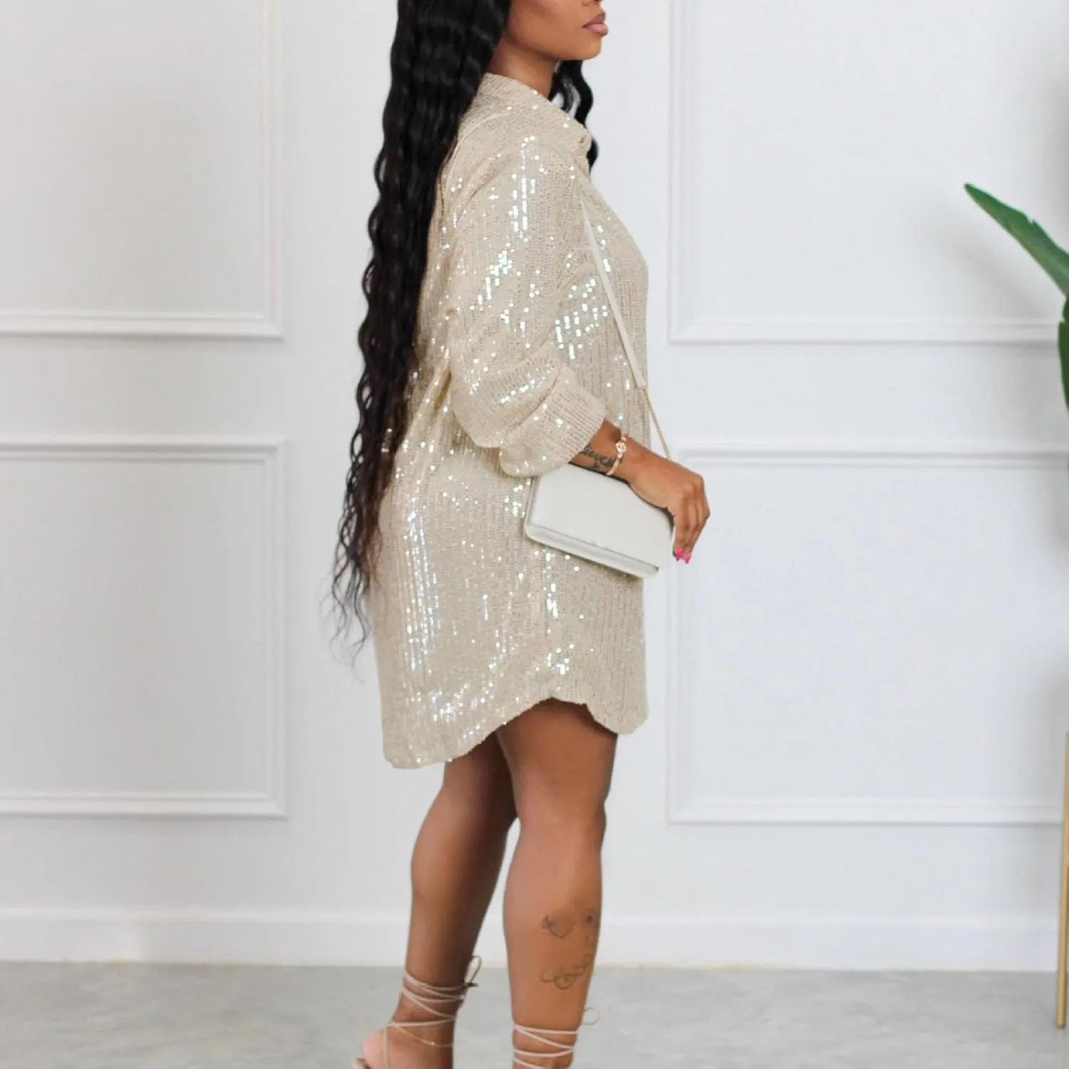 Womens Sequins Mini Dress Sparkly Button Down Blouse Tunic Shirts Plus Size Sexy V Neck Long Sleeve Shirt Dresses