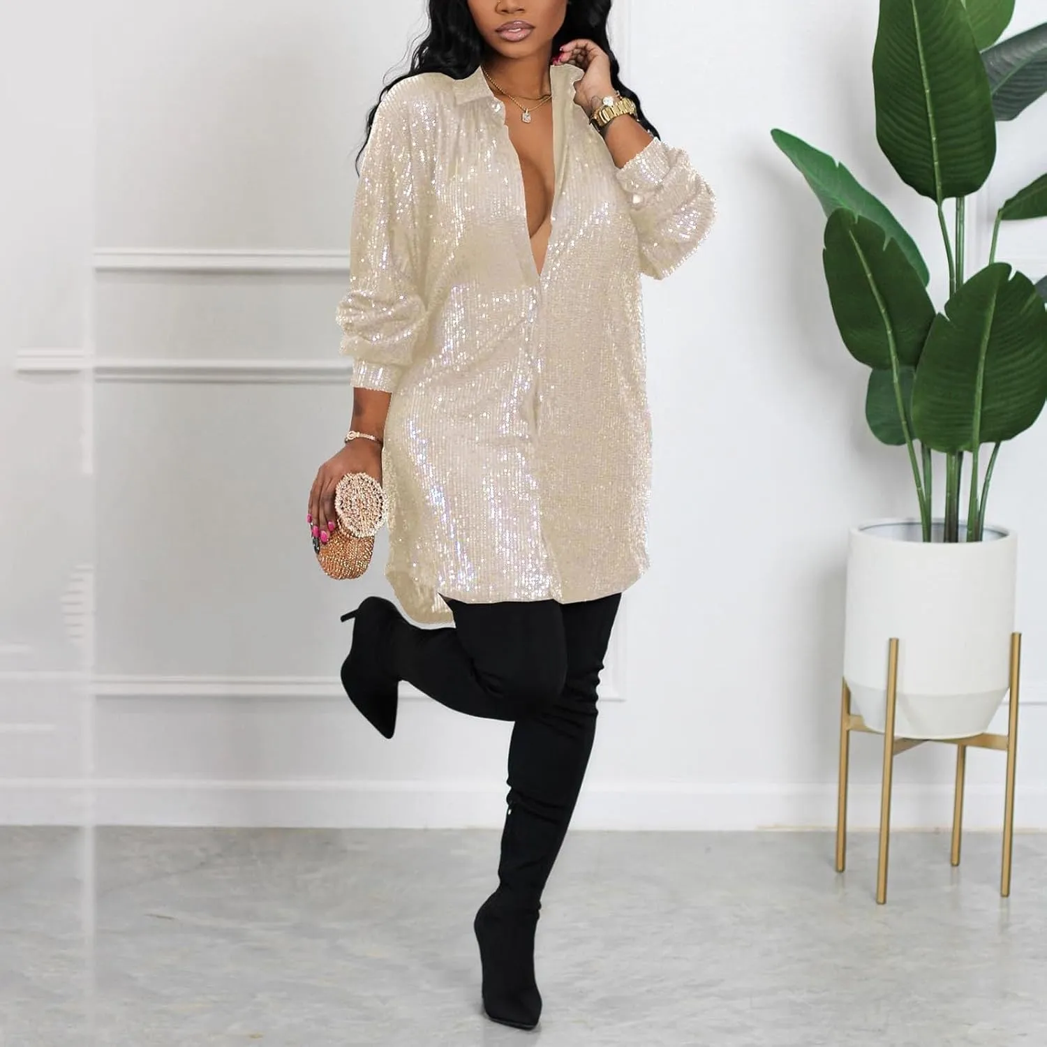 Womens Sequins Mini Dress Sparkly Button Down Blouse Tunic Shirts Plus Size Sexy V Neck Long Sleeve Shirt Dresses