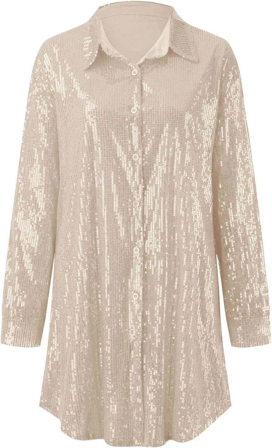 Womens Sequins Mini Dress Sparkly Button Down Blouse Tunic Shirts Plus Size Sexy V Neck Long Sleeve Shirt Dresses