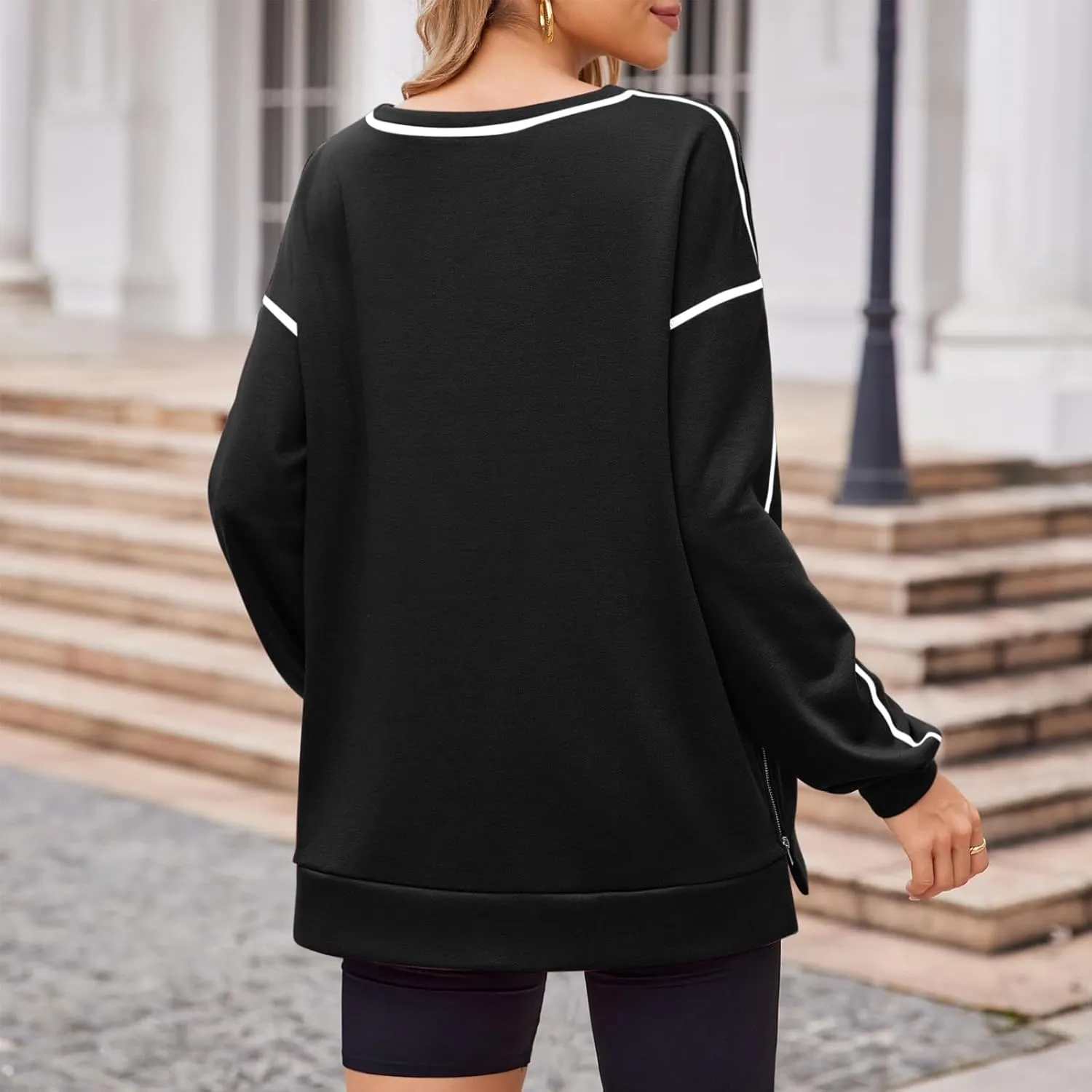 Women's Side Zipper Oversize Sweatshirts Crewneck Pullover Trendy Solid Color Long Sleeve Casual Soft Sweatshirt Tops