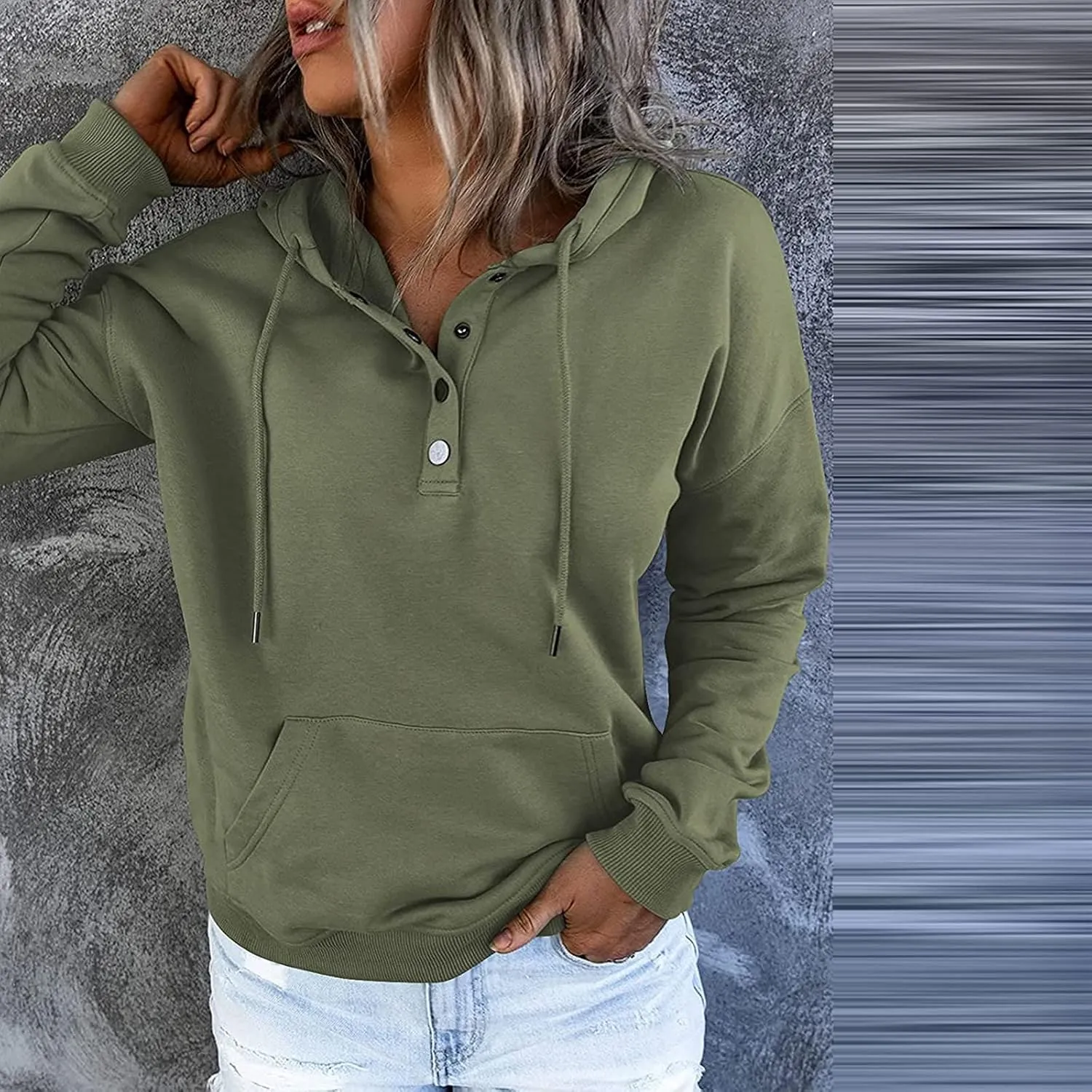 Womens Slub Knit Full-Zip Hoodie Long Sweatshirts Button Sleeve Casual Pullover V Drawstring Neck Hooded Down