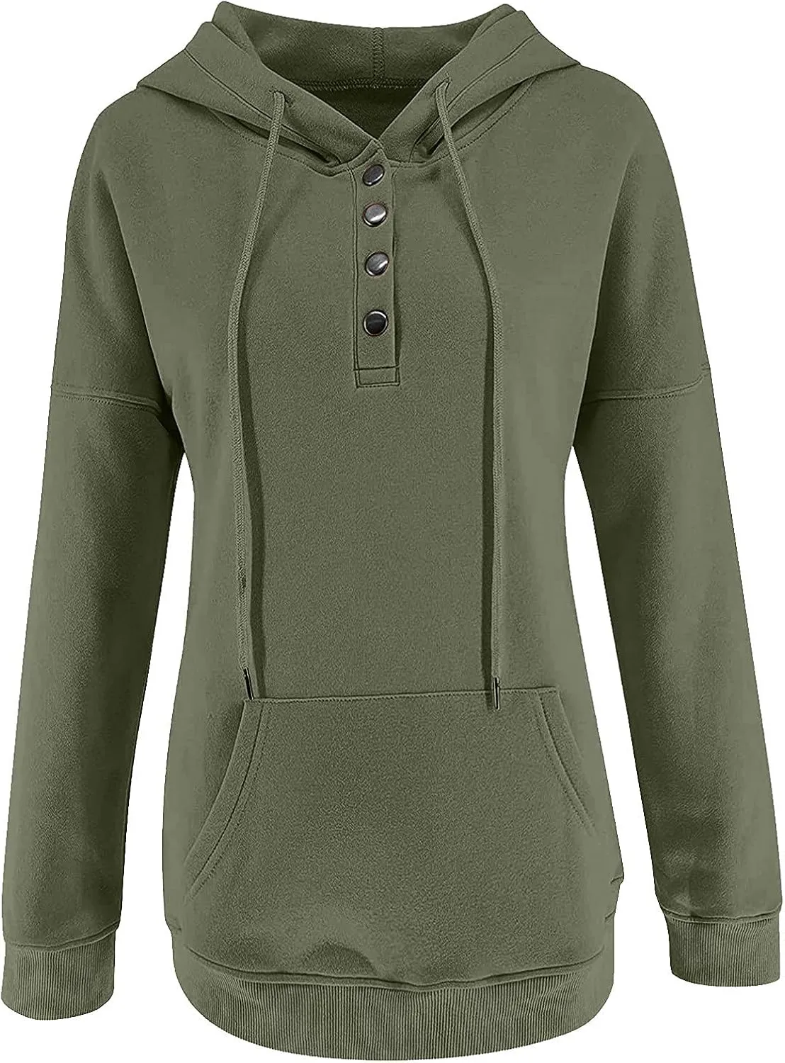 Womens Slub Knit Full-Zip Hoodie Long Sweatshirts Button Sleeve Casual Pullover V Drawstring Neck Hooded Down
