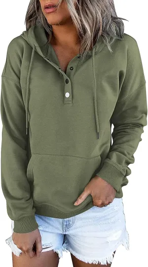 Womens Slub Knit Full-Zip Hoodie Long Sweatshirts Button Sleeve Casual Pullover V Drawstring Neck Hooded Down