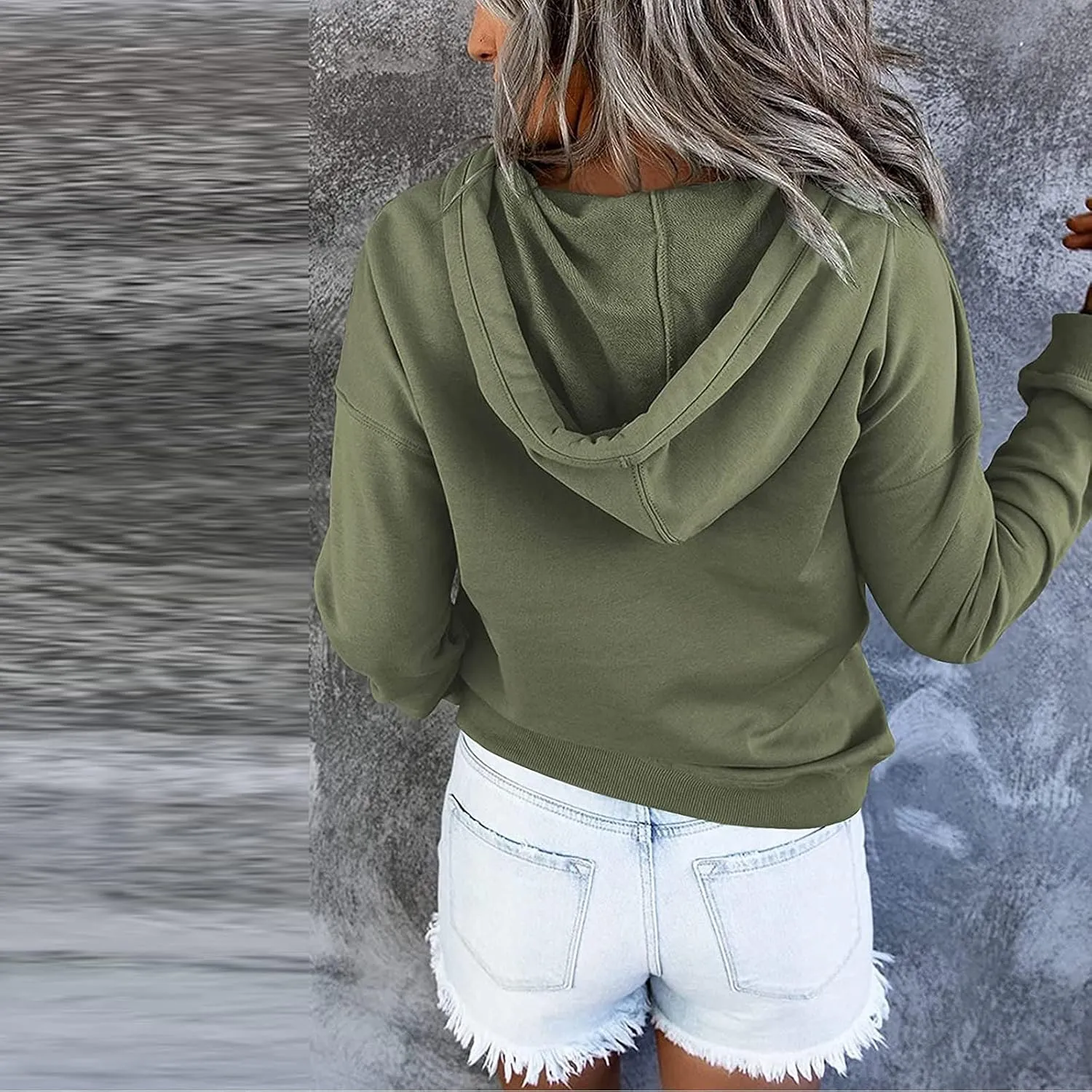 Womens Slub Knit Full-Zip Hoodie Long Sweatshirts Button Sleeve Casual Pullover V Drawstring Neck Hooded Down