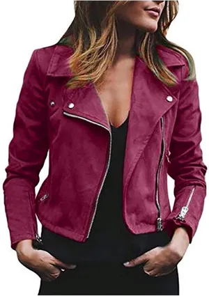 Women's Suede Cropped Jacket Faux Leather Jacket Women Vintage Coats Zip Up Motorcycle Jacket Open Front Cardigan Coat