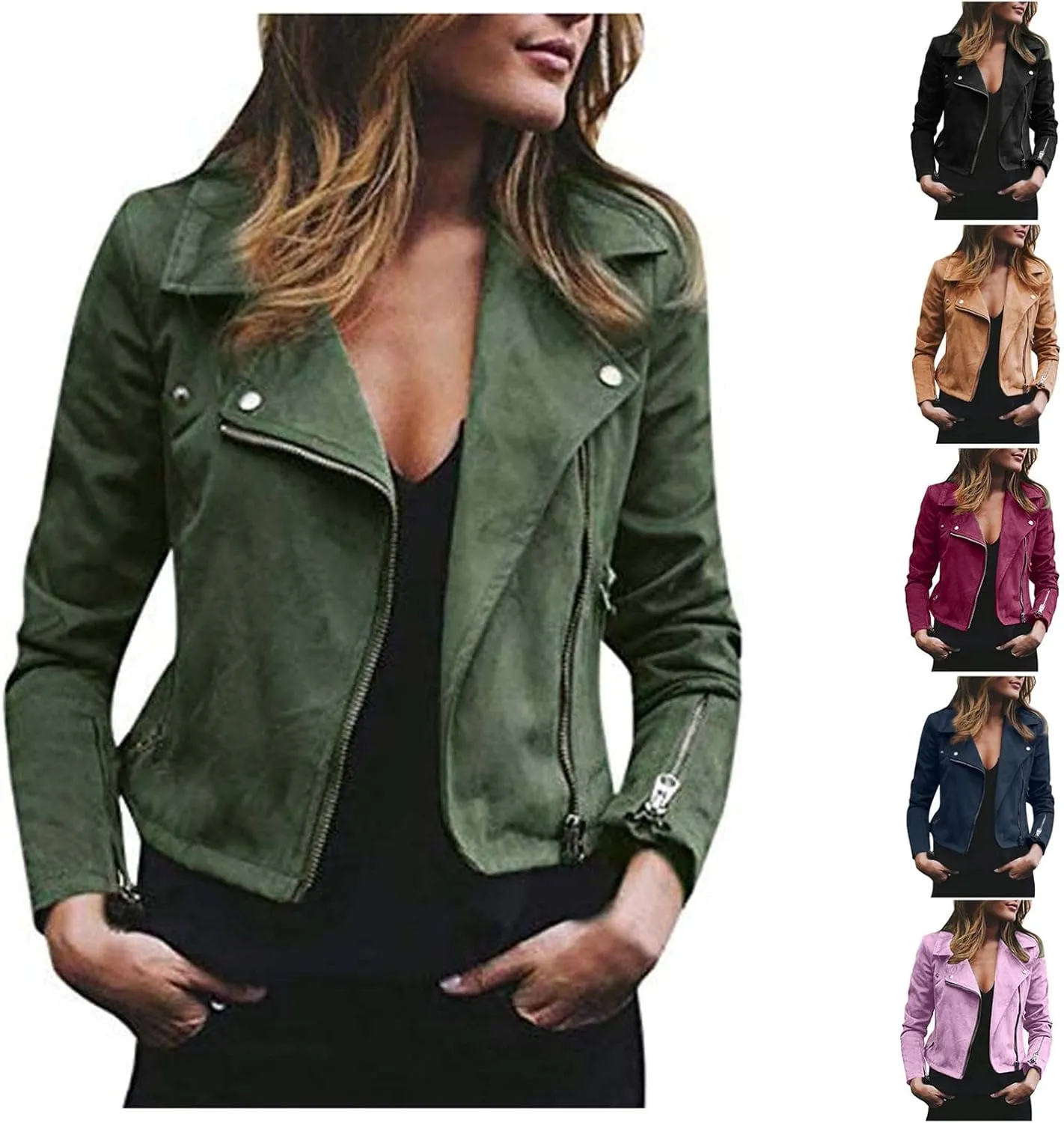 Women's Suede Cropped Jacket Faux Leather Jacket Women Vintage Coats Zip Up Motorcycle Jacket Open Front Cardigan Coat