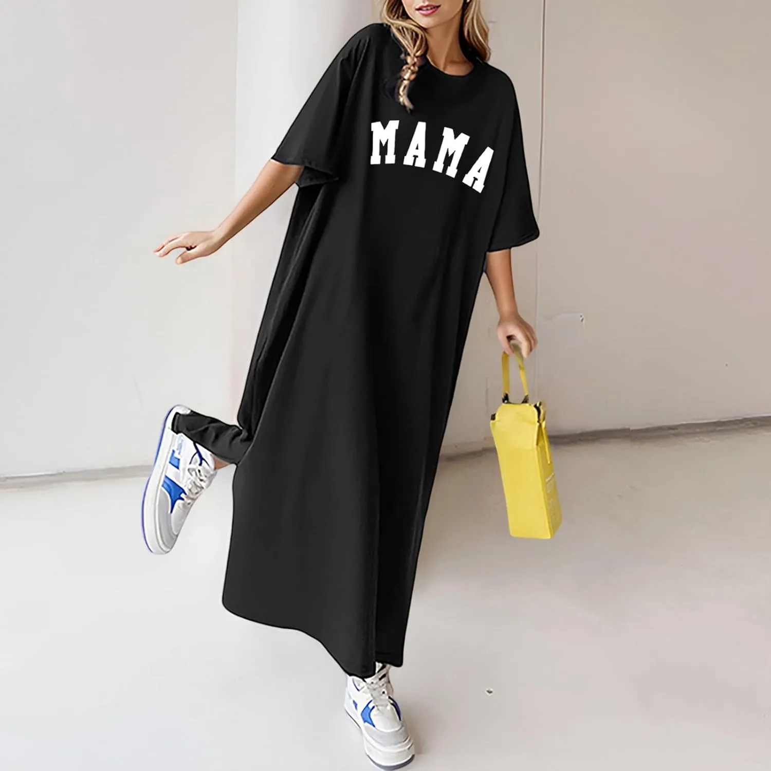 Women's Summer Loose Casual Mama Print Short Sleeve T Shirt Long Dress Casual Dresses Midi Length
