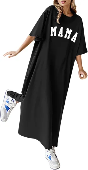 Women's Summer Loose Casual Mama Print Short Sleeve T Shirt Long Dress Casual Dresses Midi Length