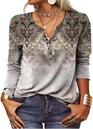 Womens Tops Dressy Casual Button Up Shirt Boho Floral Print Blouse 2025 Summer Clothes V-Neck Long Sleeve Shirts