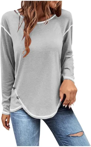 Womens Tops Fall Fashion 2024 Long Sleeve Solid Color Shirt Crew Neck Side Split Blouse Basic Loose Spring Outfits