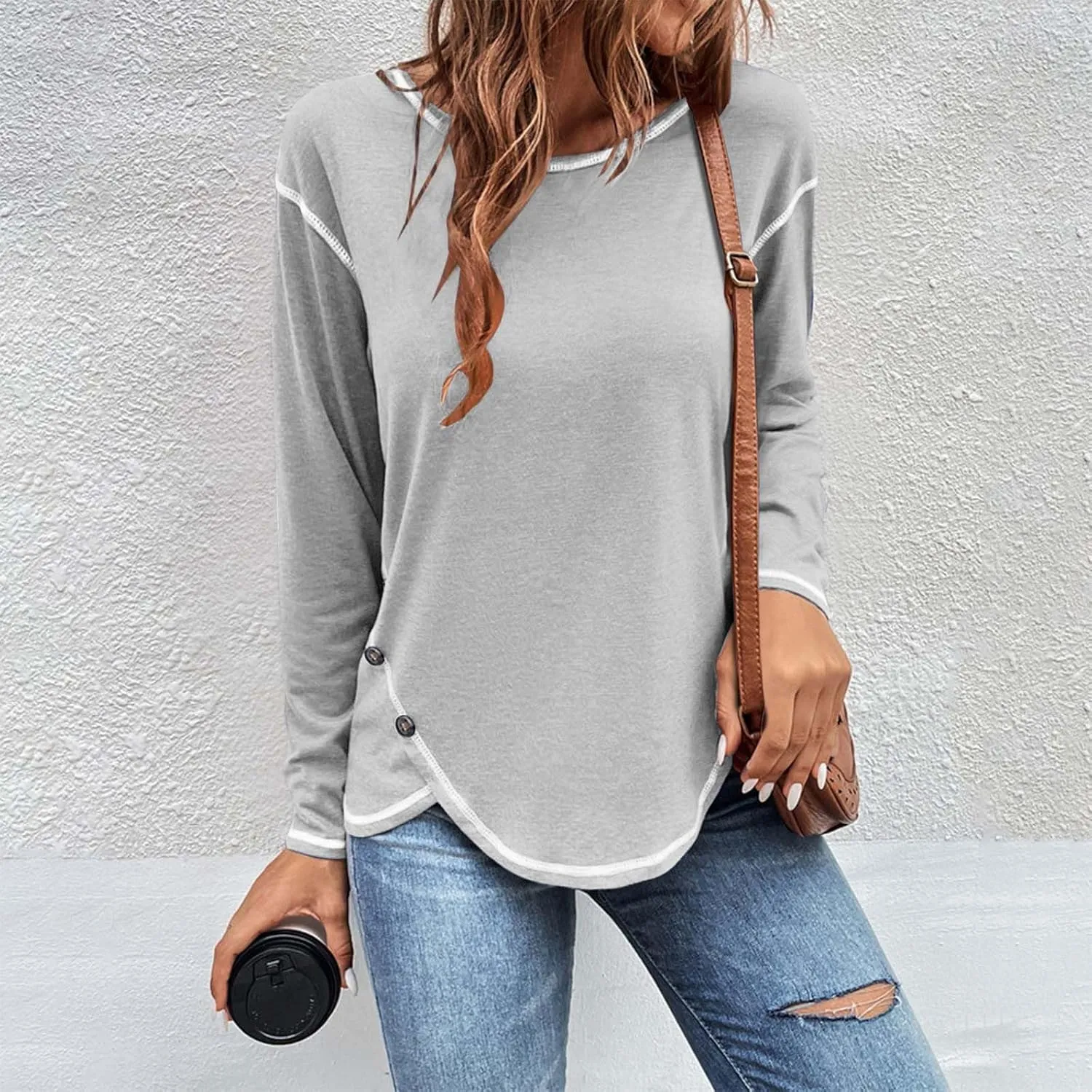 Womens Tops Fall Fashion 2024 Long Sleeve Solid Color Shirt Crew Neck Side Split Blouse Basic Loose Spring Outfits